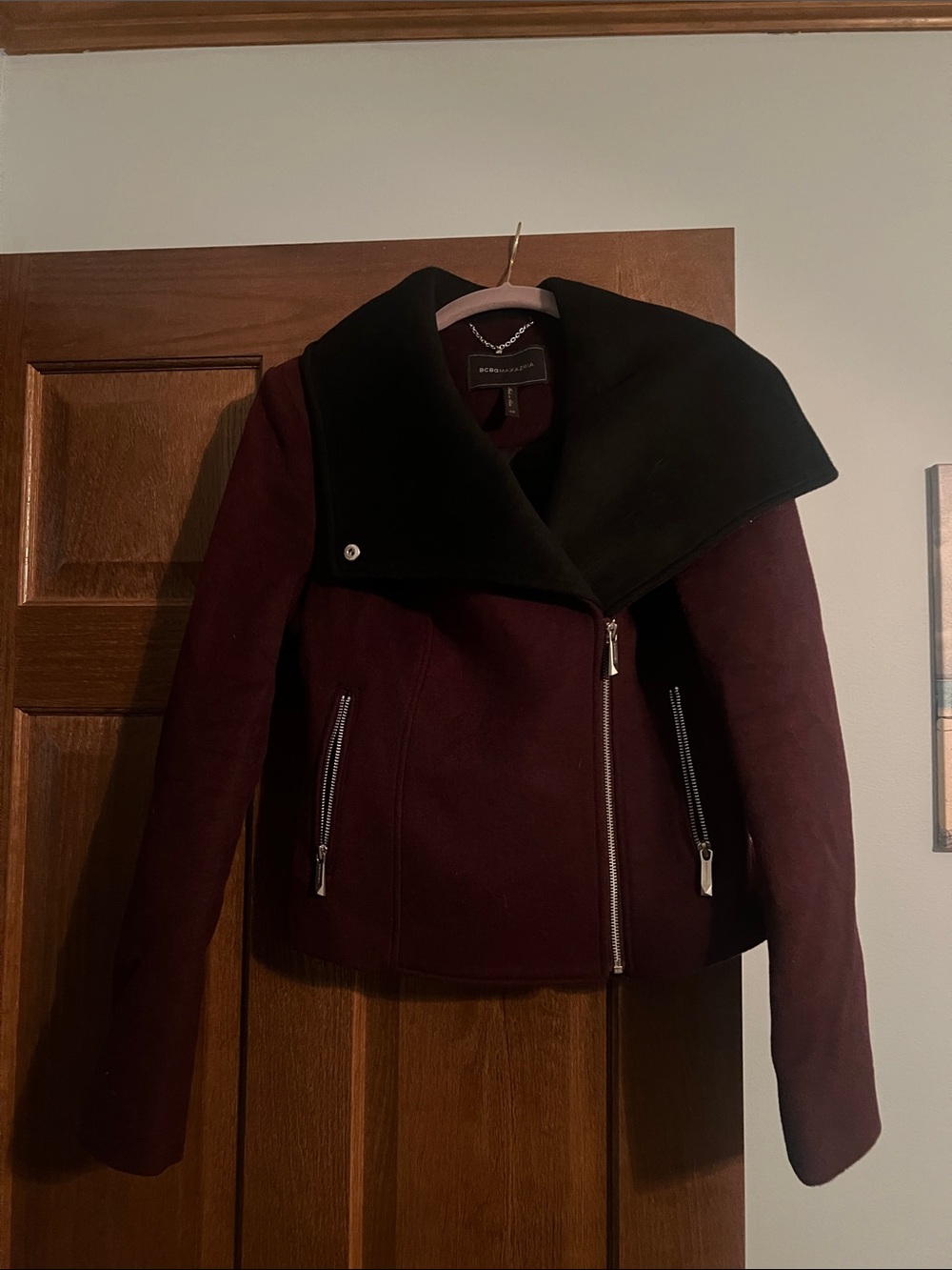 BCBGMaxAzria Burgundy Jacket with Black Oversized Collar